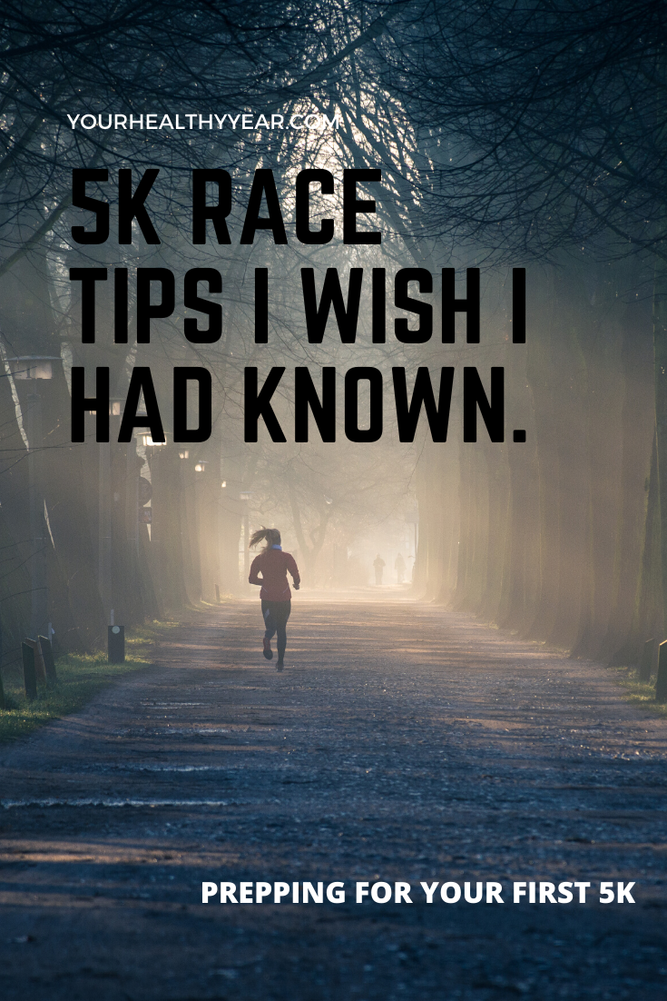 image is of a girl running down the road alone, text on image reads Beginner Runner's First 5k Race